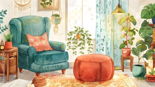Cozy and Inviting Home Interior with Lush Greenery and Retro Furnishings