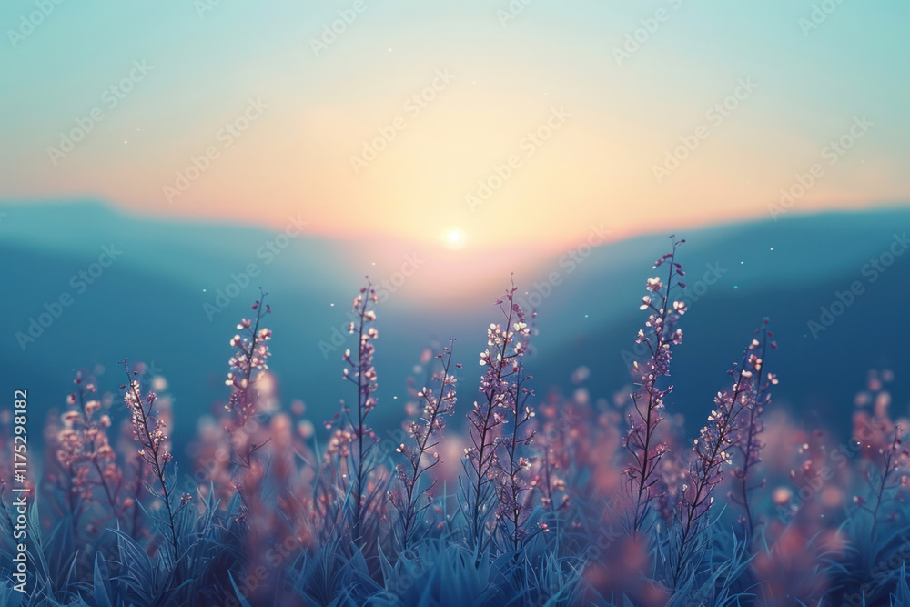 dawn in the mountains overlooking flowering fields. In the foreground are tall stems with small pink flowers, which are beautifully illuminated by the first rays of the rising sun.  