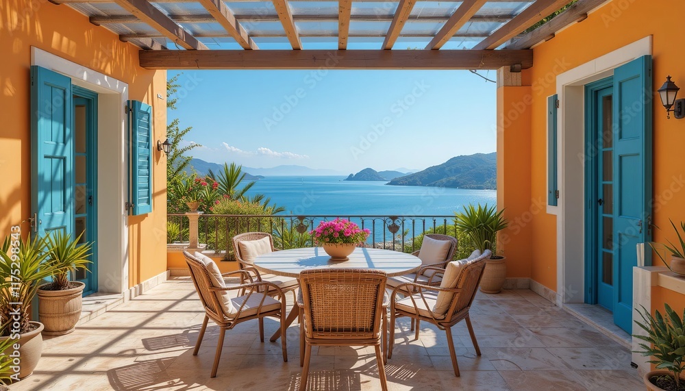 Fototapeta premium Coastal Villa Terrace: Mediterranean Escape 