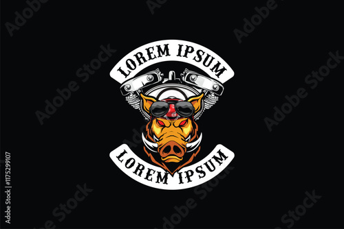 wild boar head with motorcycle engine cartoon character vector logo template