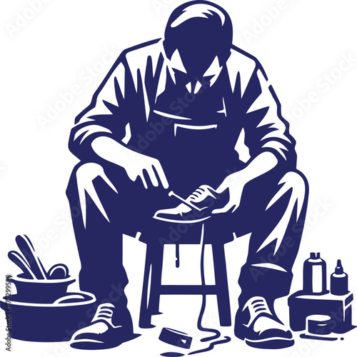 Shoemaker Working on Shoe in Monochrome Illustration Style