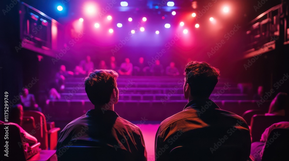 Obraz premium Two Individuals Watching a Performance in a Dimly Lit Theater