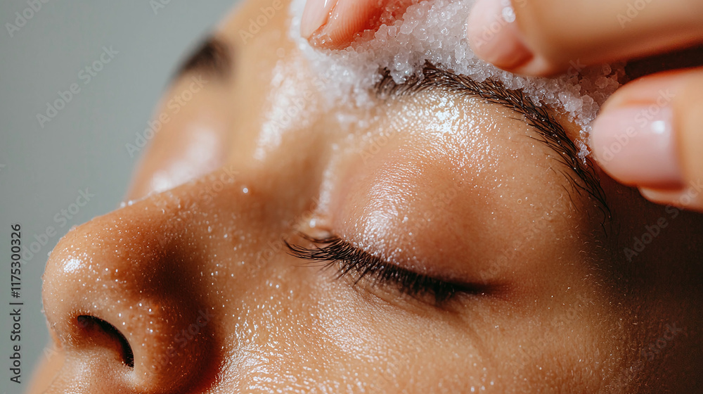 Naklejka premium Close up of person applying facial scrub, showcasing skin texture and care. gentle exfoliation reveals healthy glow, emphasizing self care and relaxation