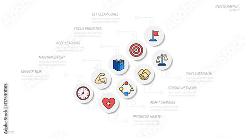 Infographic template with 9 points, explaining process or steps, using circles and icons, suitable for business or finance topics. Clean and modern design.