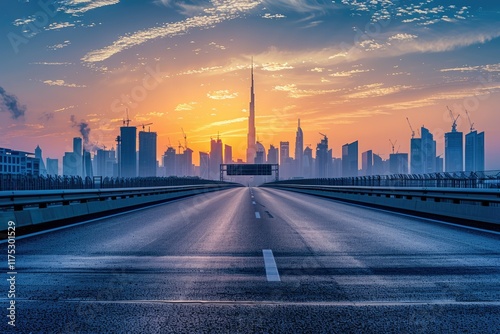 Vibrant Picture of Asphalt Highway Road and Bridge with Modern City Skyline at Sunrise