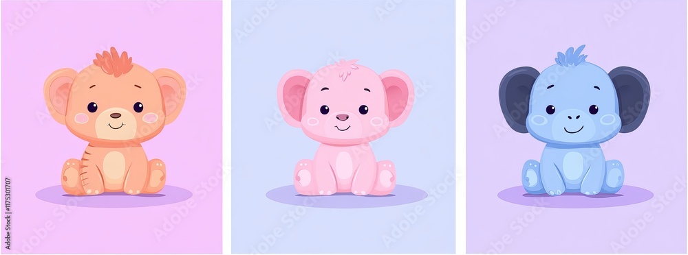 Obraz premium Cute jungle animals. Cartoon African wild mammals. A funny lion, zebra, happy elephant, monkey, nice hippo, toucan, and parrot birds. Kids' safari animal. Modern set