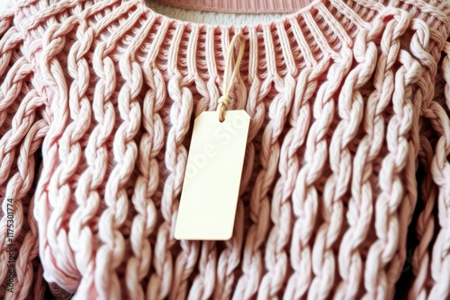 a pink sweater with a tag hanging from it