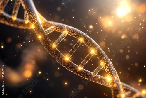 A DNA strand illuminated by ultraviolet light, with glowing nucleotide pairs contrasting against a dark background