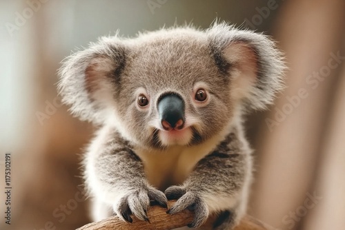 A baby koala taking its first steps on a branch, with its mother watching nearby