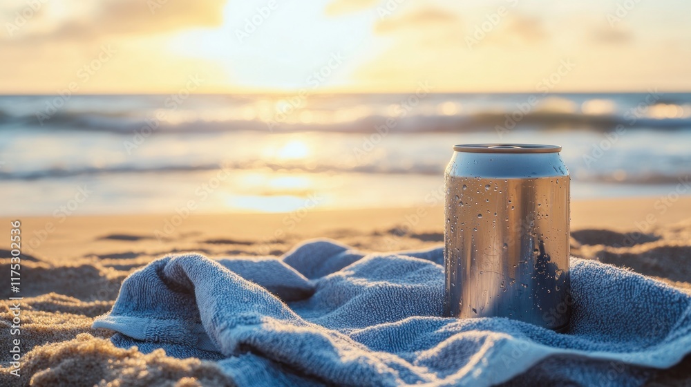 Cold drink can on beach towel at sunset. Cold drink can on beach towel at sunset.