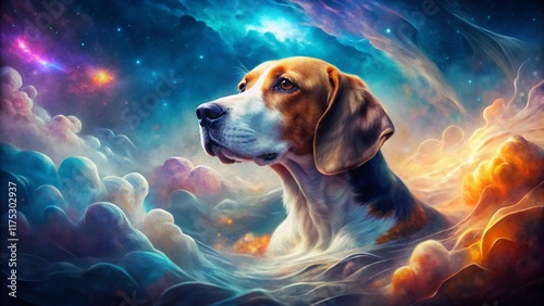 Surreal American Foxhound: Dreamlike Canine Portrait in Vibrant Colors photo