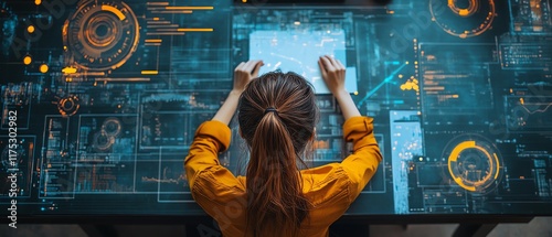 A person working with AI tools on a desk, top view of business ideas and digital transformation, focusing on creative work performance enhancement photo