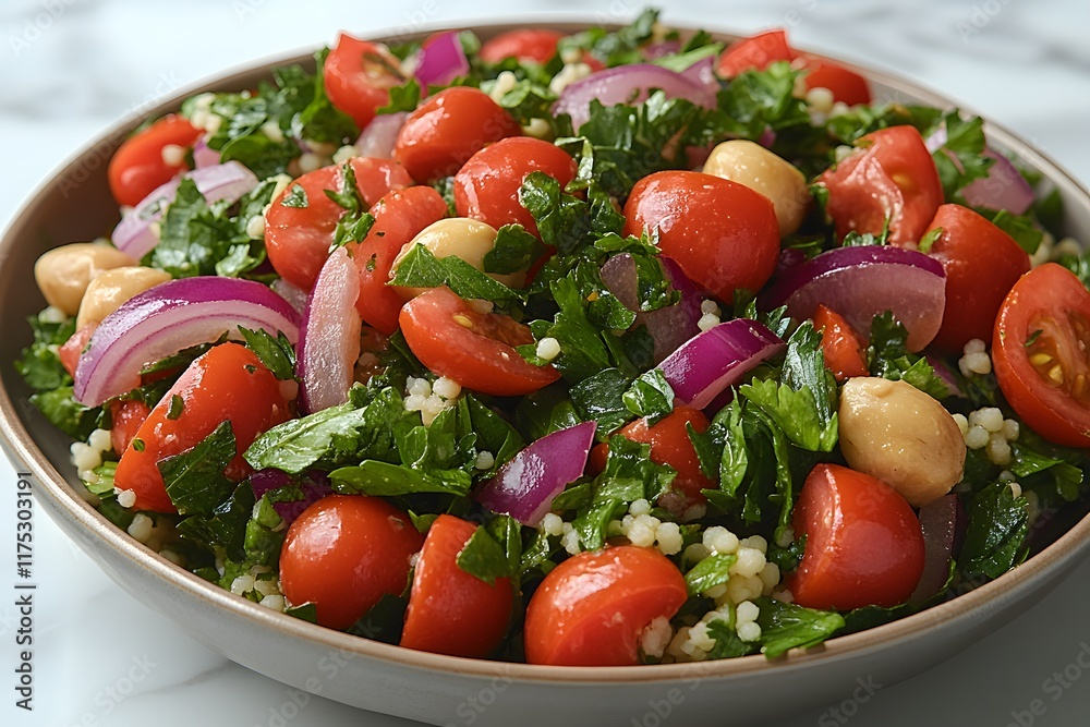Fresh tabbouleh salad with parsley, tomatoes, red onion, and couscous in a bowl. Fresh tabbouleh salad with parsley, tomatoes, red onion, and couscous in a bowl.