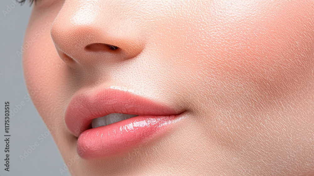 Obraz premium Radiant skin glowing with healthy sheen, showcasing smooth texture and soft lips. Perfect for beauty and skincare themes