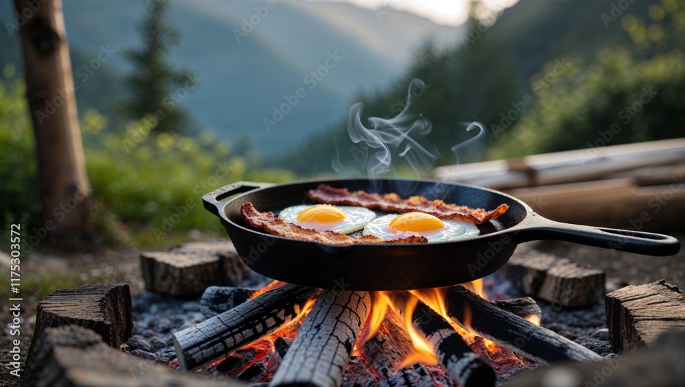 Outdoor cooking with eggs and bacon in a skillet over a campfire in the mountains Outdoor cooking with eggs and bacon in a skillet over a campfire in the mountains