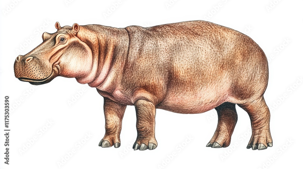 Obraz premium Watercolor illustration of a hippopotamus, set on a white background, featuring creative conceptual wildlife art with abstract brush strokes and a blend of realism