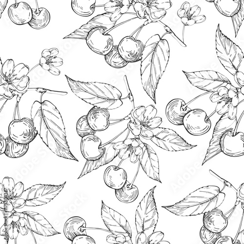 Cherry vector black and white seamless pattern hand drawn with ink. Leaves, berries and flowers on a white background. Template for design of textiles, wrapping paper and labels