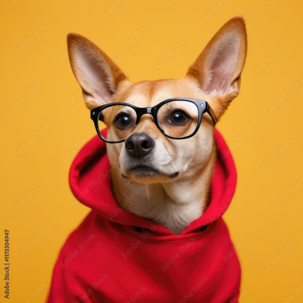 a dog wearing glasses and a red hoodie a dog wearing glasses and a red hoodie