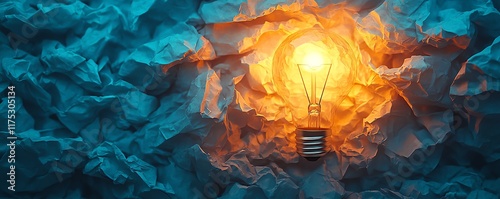 Crumpled paper forming a backdrop for a bright, glowing light bulb, concept of inspiration and innovative thinking photo