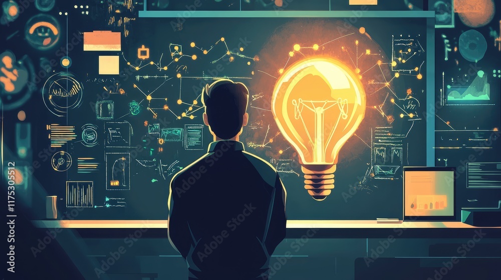 Back view, The teacher stands in front of the blackboard., with a bright light bulb above, surrounded by digital and technological symbols icons Back view, The teacher stands in front of the blackboard., with a bright light bulb above, surrounded by digital and technological symbols icons