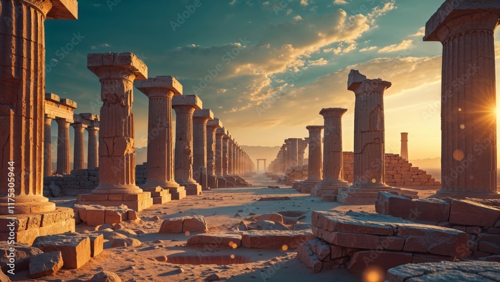 Fototapeta premium Ancient columns stand tall at sunset in a historical archaeological site