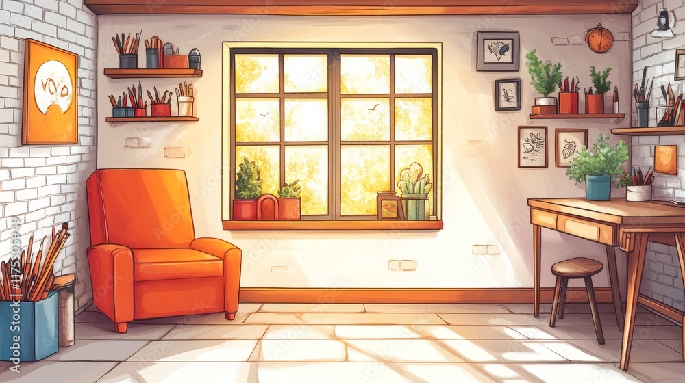 Fototapeta premium Sunlit Cozy Room Interior with Orange Recliner, Plants, and Desk