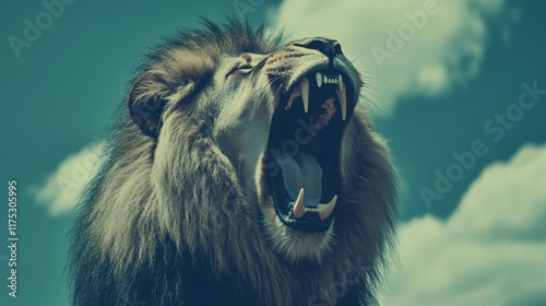 A captivating painting shows a lion roaring with its jaws open widely photo