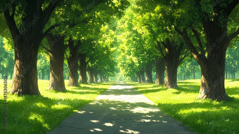 Sunlit Path Through a Lush Avenue of Trees on a Sunny Day Sunlit Path Through a Lush Avenue of Trees on a Sunny Day