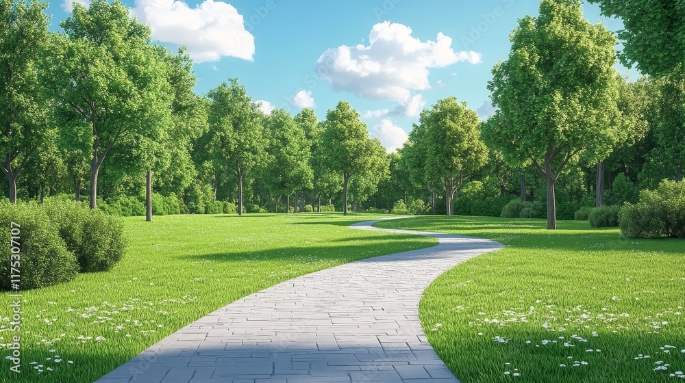 Fototapeta premium Sunlit Path Winding Through a Lush Green Summer Forest