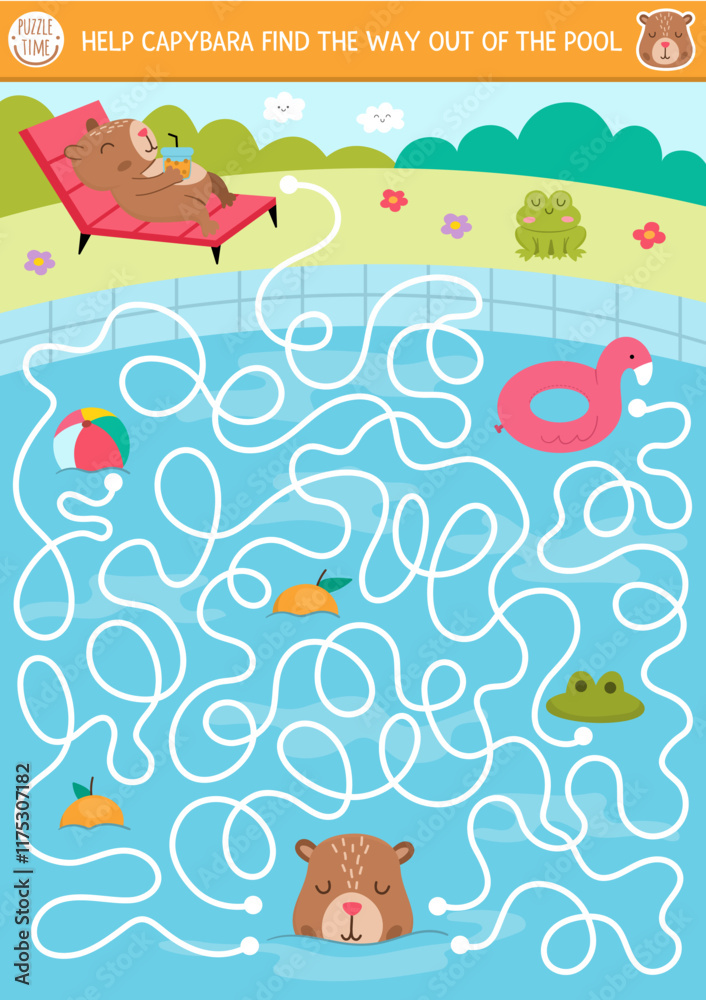 Naklejka premium Fun maze for kids with capybara swimming in the pool and relaxing in lounger under umbrella. Capibara preschool printable activity with cute animal. Labyrinth game or puzzle with nature landscape