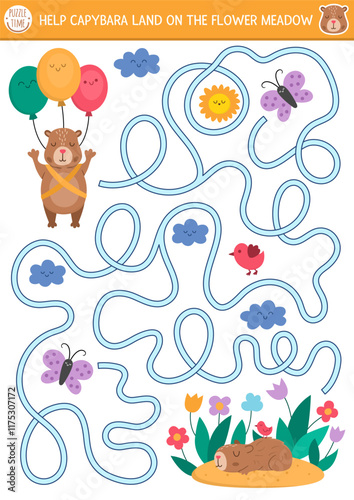Fun maze for kids with capybara flying on balloons to flower meadow. Capibara preschool printable activity with cute animal. Labyrinth game or puzzle with bird, butterfly, sun, garden