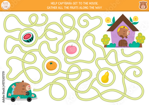 Fun maze for kids with capybara driving car to the house. Capibara preschool printable activity with cute animal. Labyrinth game or puzzle with watermelon, tangerine, apple, pear