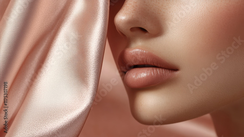 Close-up Revealing the Delicate Softness of Skin Draped in Luxurious Silk Fabric During Serene Morning Light