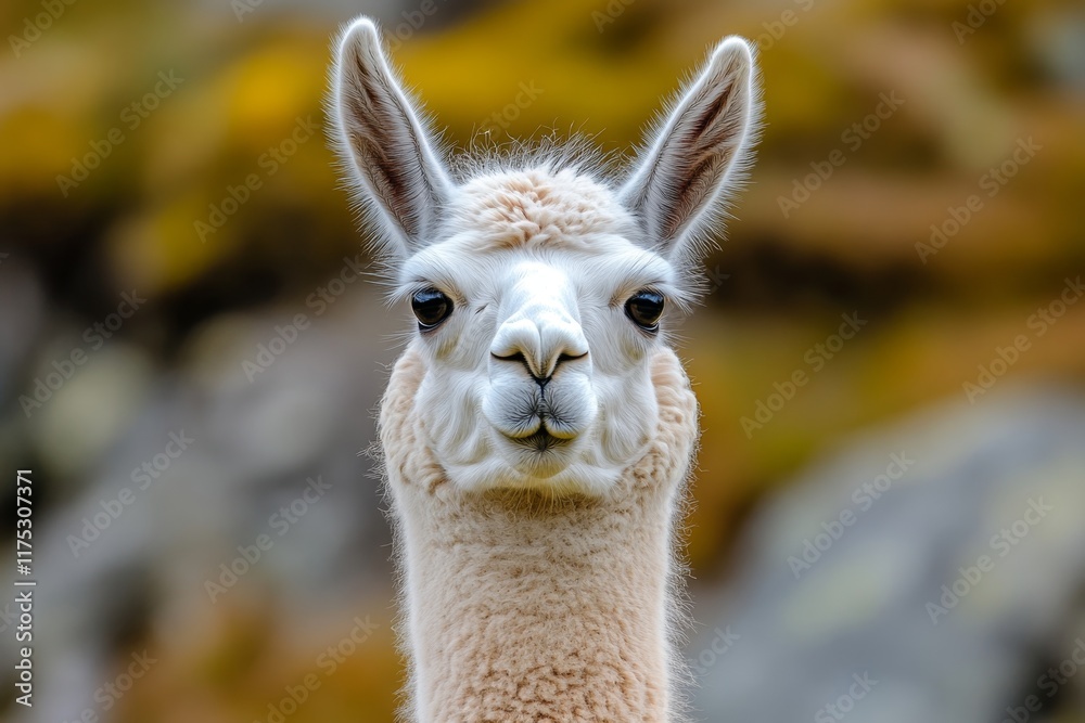 Fototapeta premium A close-up of a llama standing near the ruins of Machu Picchu, with breathtaking mountain views in the background