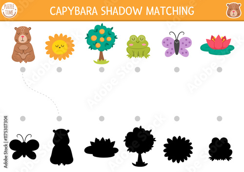 Capibara shadow matching activity. Capybara symbols shape recognition puzzle. Find correct silhouette printable worksheet or game. Match up page for kids with cute animals