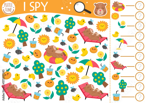 Capybara I spy game for kids. Searching and counting activity with cute relaxing animals on holiday. Capibara summer printable worksheet for preschool children. Simple spotting puzzle