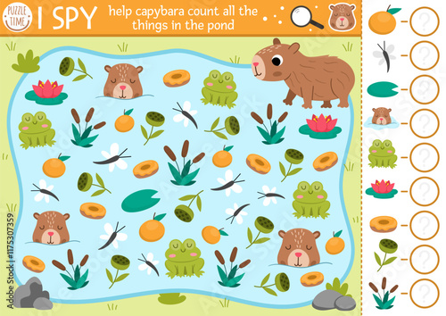 Capybara I spy game for kids. Searching and counting activity with cute animals in the pond or lake. Capibara printable worksheet for preschool children. Simple spotting puzzle with frog