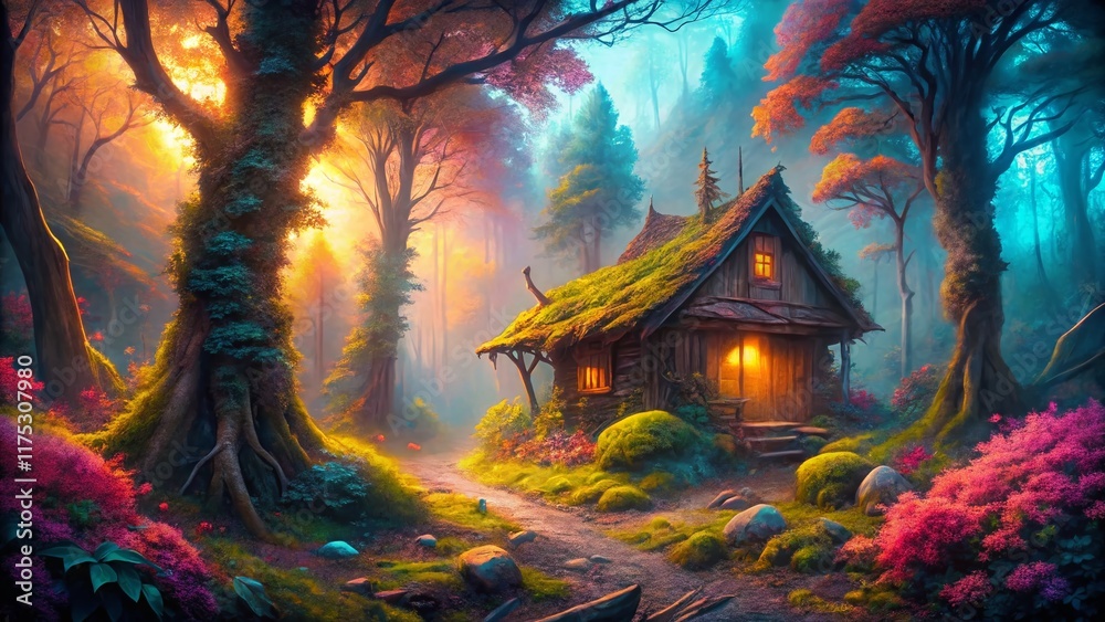 Fototapeta premium Surreal Cabin in a Dreamlike Forest - Mystical Fantasy Landscape