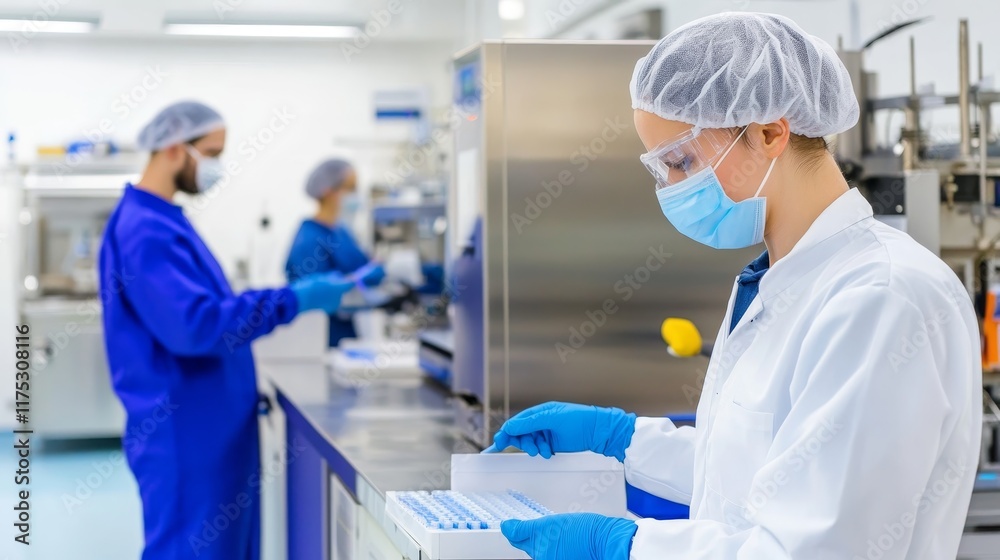 Laboratory scene with professionals in protective gear conducting scientific work. Laboratory scene with professionals in protective gear conducting scientific work.