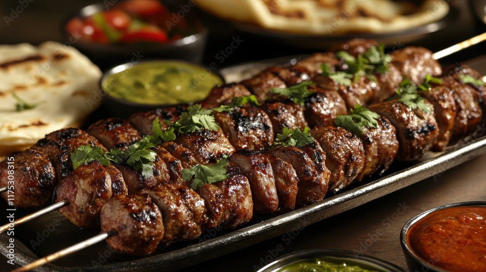 Savory grilled meat skewers with fresh herbs - traditional muslim cuisine for cultural celebrations Savory grilled meat skewers with fresh herbs - traditional muslim cuisine for cultural celebrations