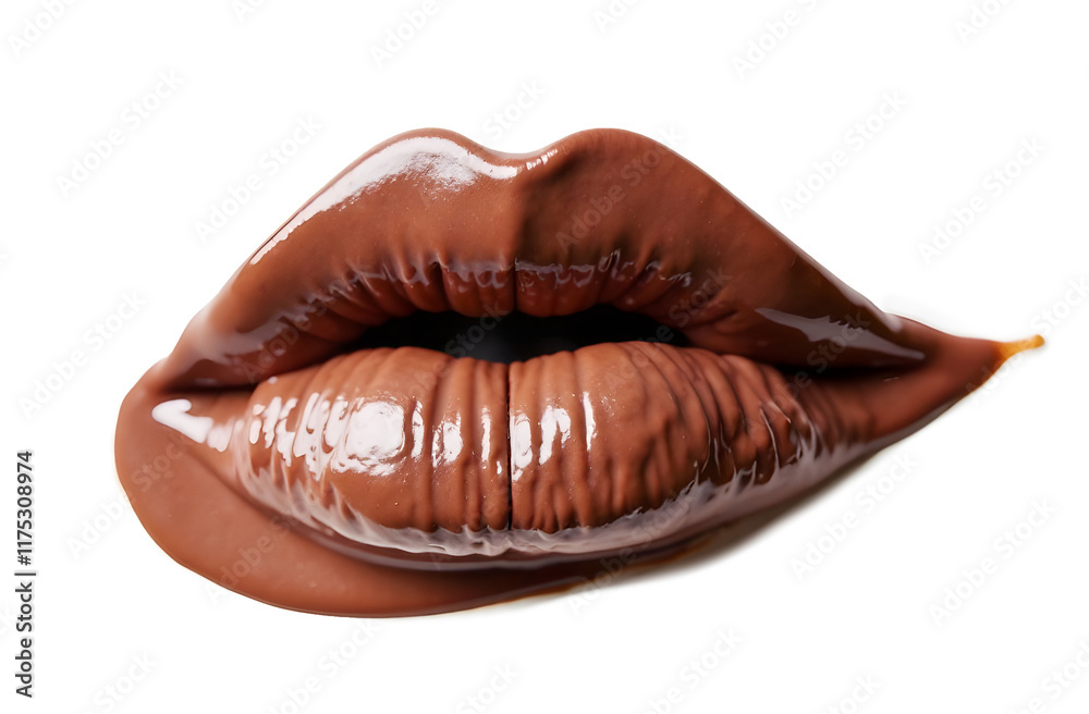 Drops of liquid lipstick in a trendy mocha mousse shade on a woman's lips. Drops of liquid lipstick in a trendy mocha mousse shade on a woman's lips.