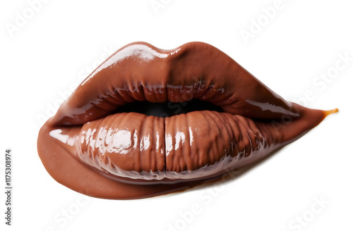Drops of liquid lipstick in a trendy mocha mousse shade on a woman's lips.