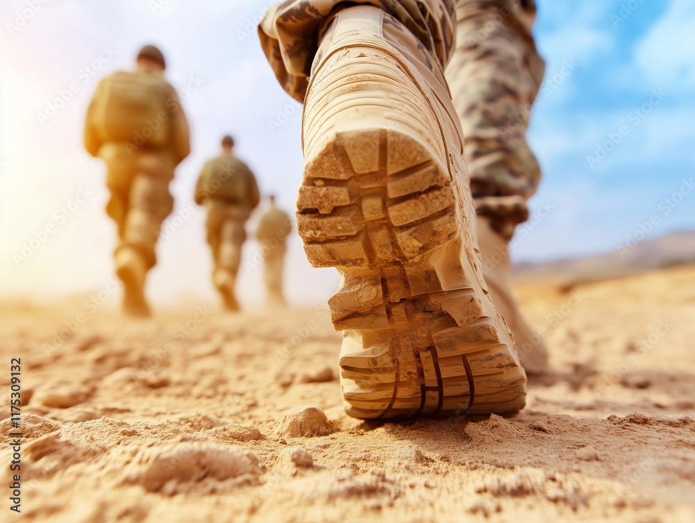 Close-Up of Soldier’s Desert Boot on Sandy Terrain with Military Squad Marching in Background