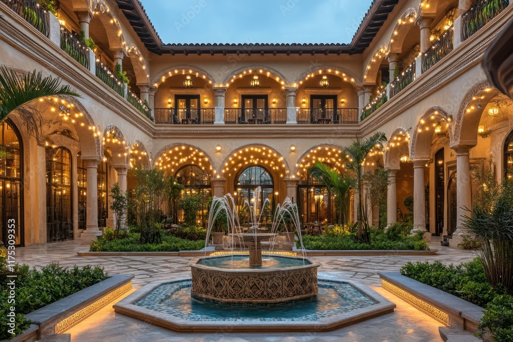Obraz premium Open-air luxury hotel courtyard with grand arches, ornate fountains, and ambient string lights