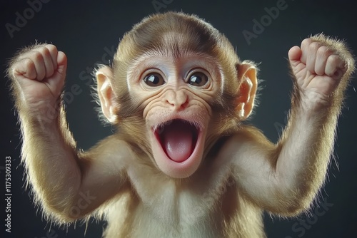 Hilarious depiction of a smiley Barbary macaque monkey mouth agape in a black and white setting