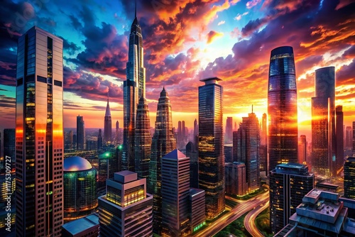 Wallpaper Mural Surreal Cityscape: Elevated Perspective of Modern Architecture at Dusk Torontodigital.ca