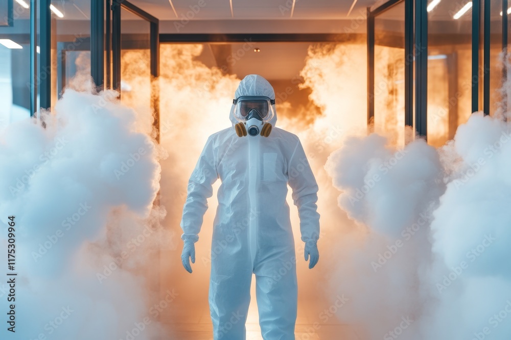 Obraz premium A disinfection tunnel set up at the entrance of a building, with people walking through clouds of disinfectant mist