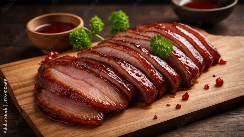 Deliciously sliced roasted duck on wooden board with sauce and garnish Deliciously sliced roasted duck on wooden board with sauce and garnish
