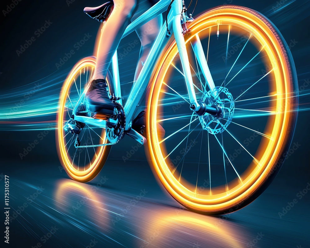 Fototapeta premium Futuristic bicycle with glowing wheels, futuristic bicycle in fast motion, futuristic bicycle concept art ,Futuristic Bicycle Motion , Glowing Speed Ride , AI-Powered Cycling