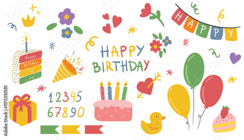 Birthday big decorative elements set. Different party objects, colorful holiday items, gift, cake, ballon and garlands, vector flat illustration. Hand drawn vector illustration.